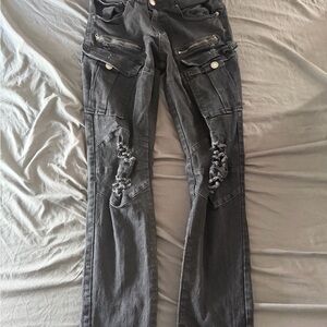 Forever 21 Men’s 32 Slim Black Denim Jeans Zipper Cargo Pockets Distressed